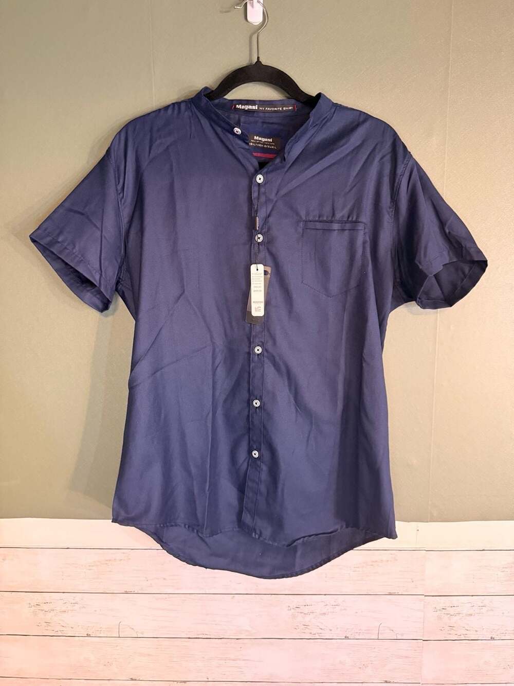 NEW Magasi Men's Navy Blue Mandarin Collar Short Sleeve Button-Down Shirt